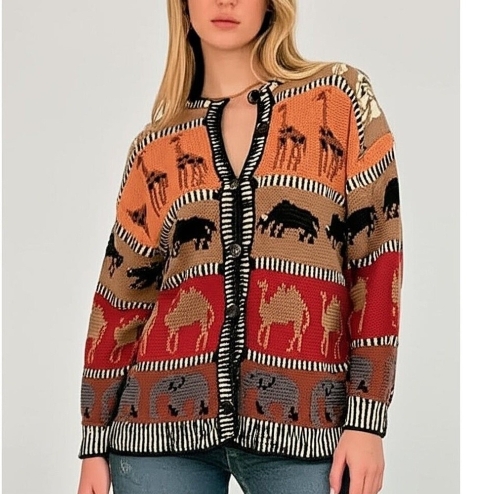 MarieaKim Cardigan Womens Animal Safari Chunky Knit V-Neck Sweater Africa Vtg